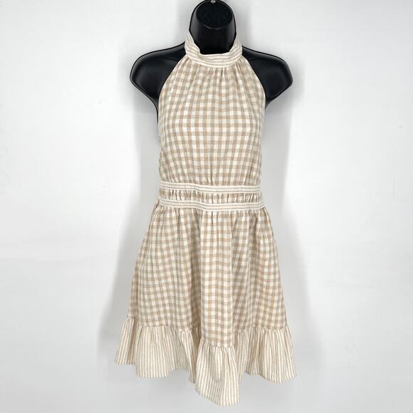 Lost + Wander NEW Island Picnic Gingham Cotton Linen Halter Dress Sz L Ruffle - Picture 1 of 12